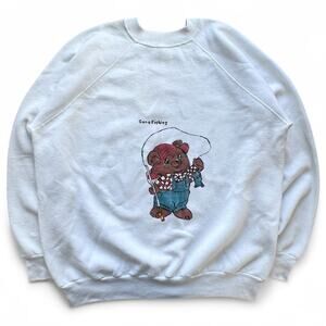 Vintage Gone Fishing Bear Custom Hand Painted Crewneck Sweatshirt XXL Raglan 90s